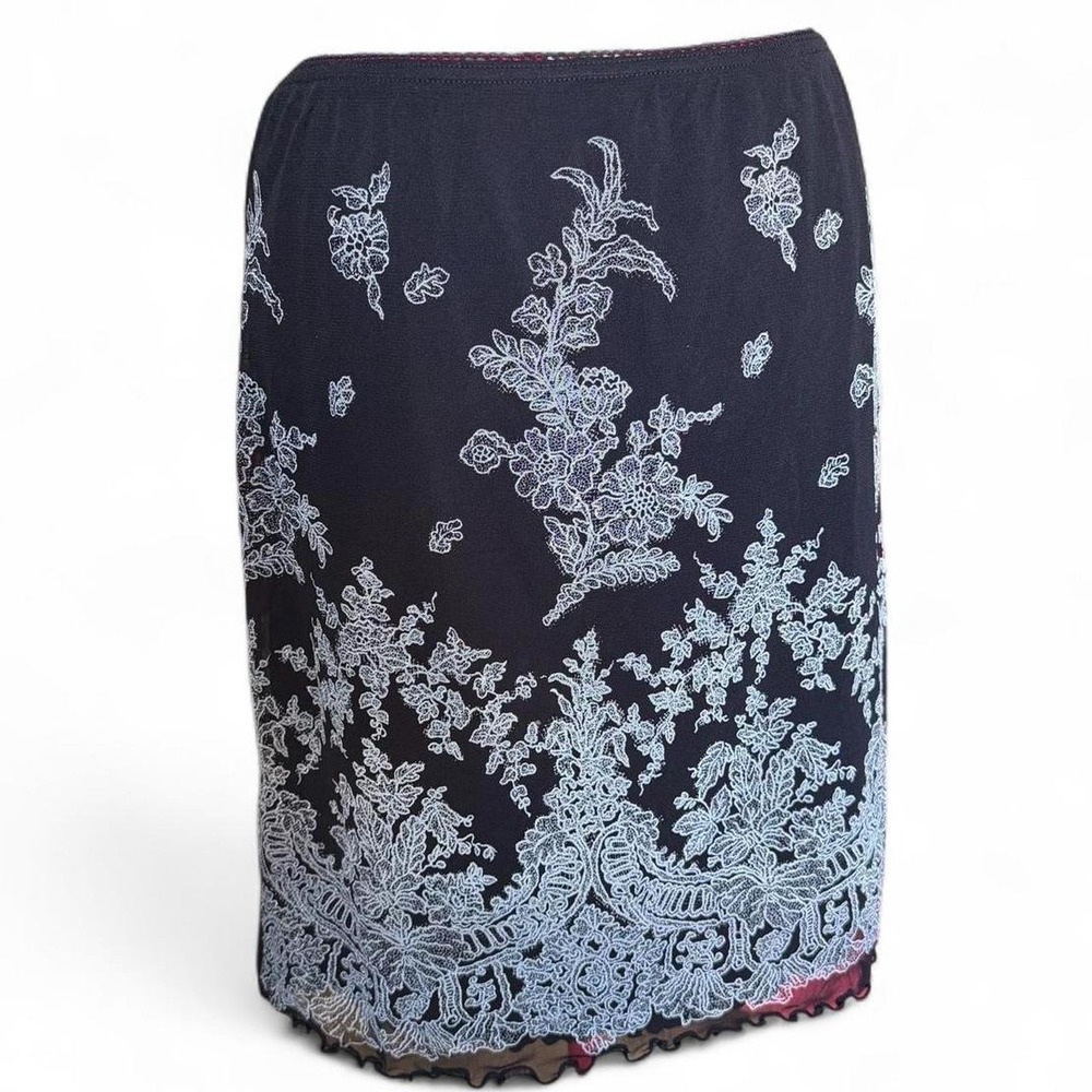y2k vintage Boutique Europa Black Floral Mini Skirt Mesh Overlay Lettuce Hem